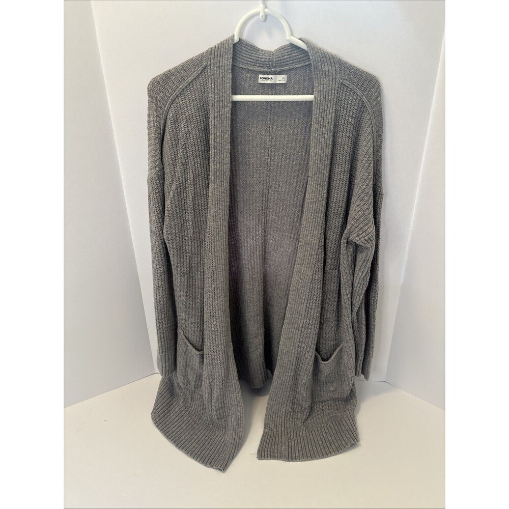 Sonoma Grey Ribbed Knit Long Open Front Cardigan Sweater Women's Petite PL